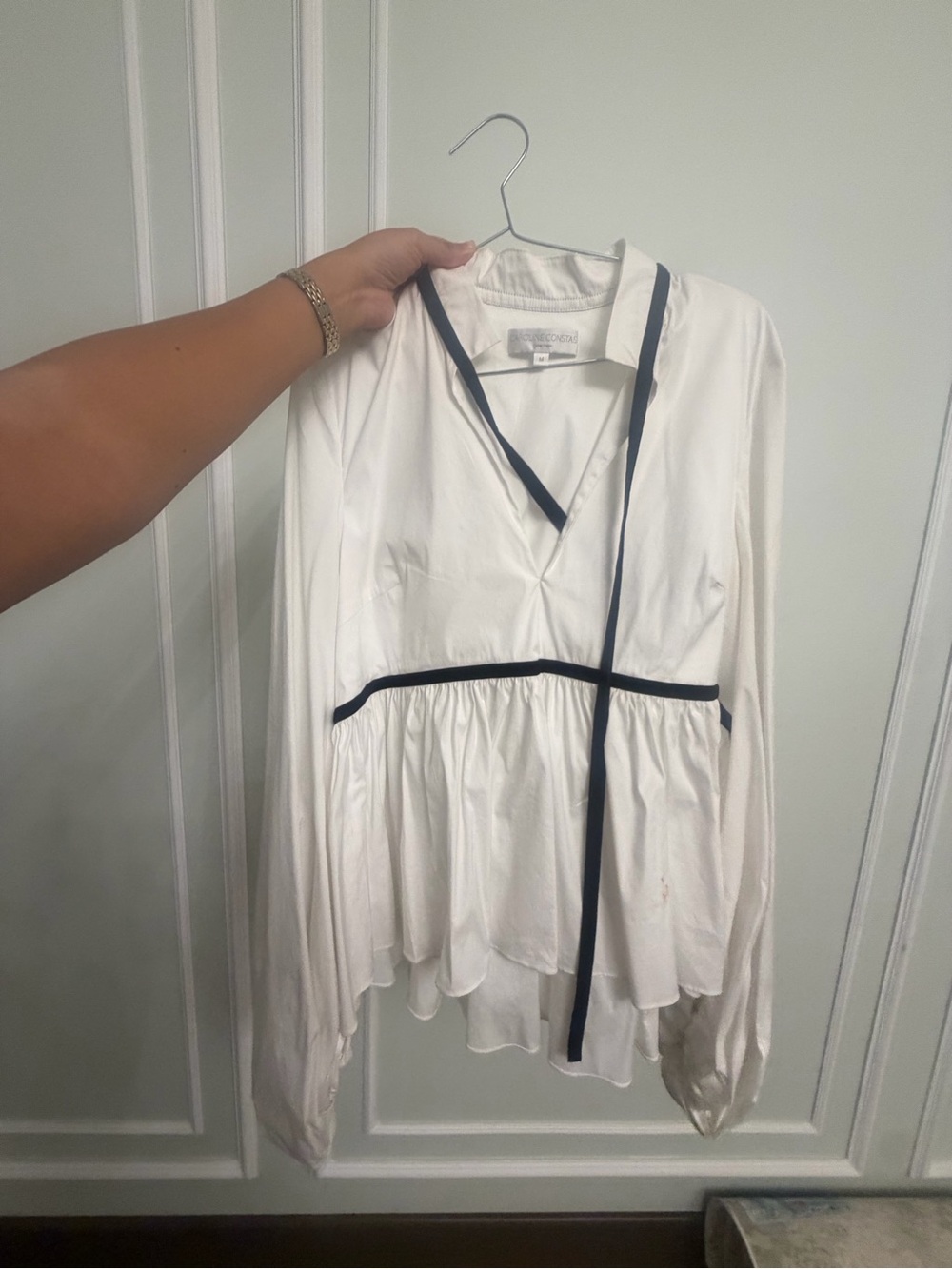 Caroline Constas White Peplum Blouse with Black Trim, Dramatic Balloon Sleeves
